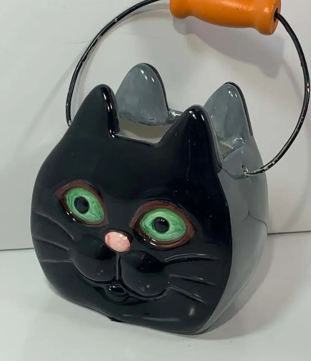 Black Cat Green Eyes  Halloween ceramic planter basket/vase decor